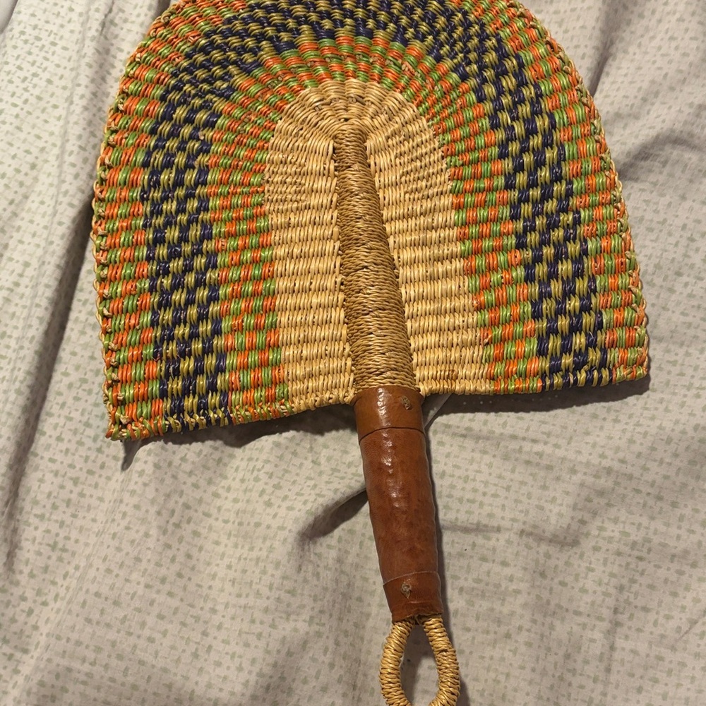 Handwoven Straw Fan with Leather Handle - Multicolor
